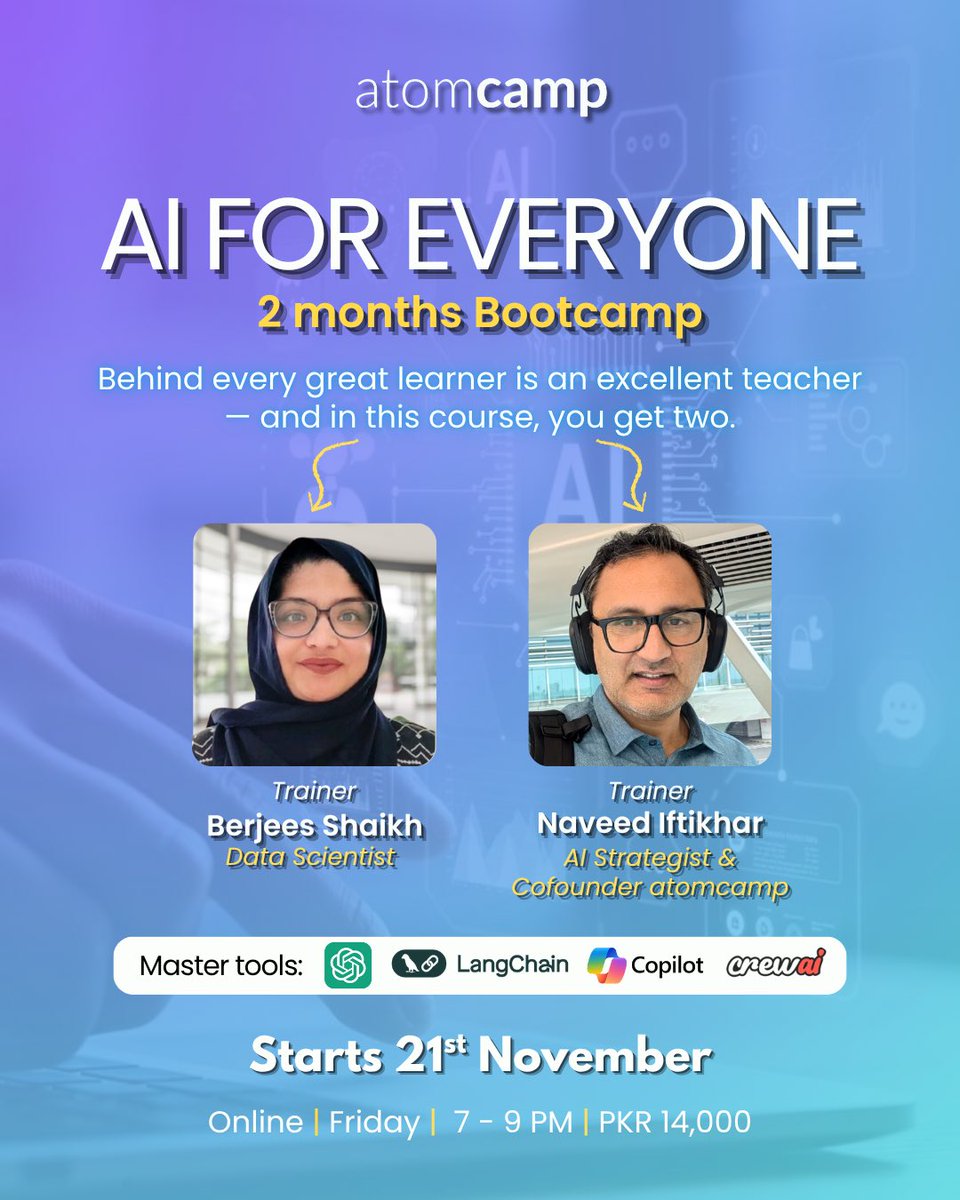atomcamp's tweet image. Curious about AI but not sure where to start? 🤔
Join AI for Everyone, an 8-week live online bootcamp by atomcamp , designed to help anyone, from any background, understand and use AI in real life.

You’ll be guided by our Co-Founder, Dr. @navift , whose clear explanations make…