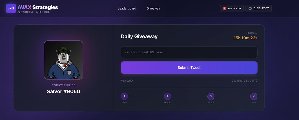 AVAXStrategies's tweet image. 🚨 NEW: Daily NFT Giveaway! 🚨 

1⃣Create the best meme/tweet about @AVAXStrategies 

2⃣Submit at avaxstrategies.xyz/giveaway

3⃣AI scores your creativity

4⃣Winner takes home a Salvor NFT 

- 2 submissions allowed daily per user
- Deadline 23:00 UTC 

Let&apos;s see those memes!