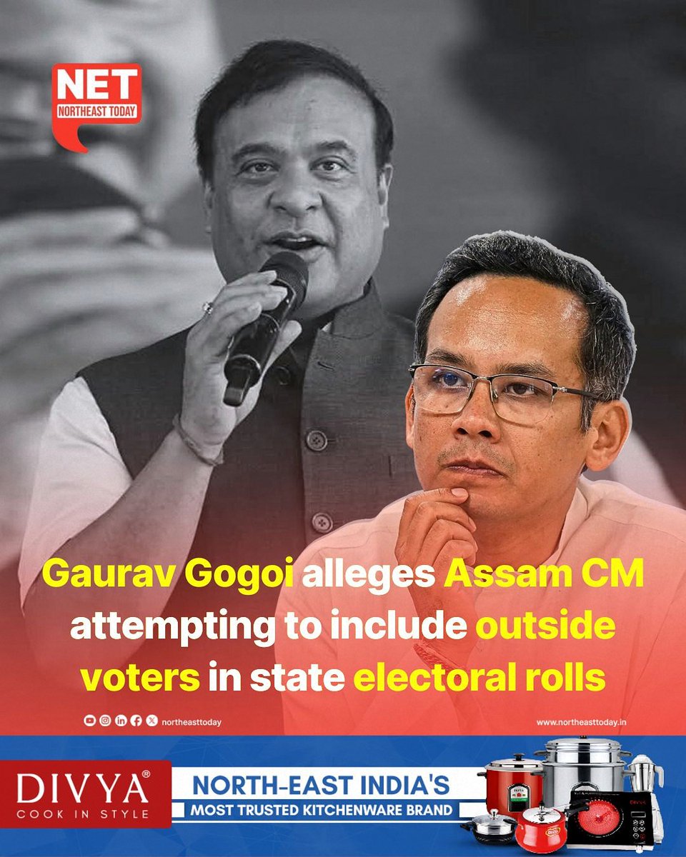 NortheastToday's tweet image. #NetSnippet | Assam Pradesh Congress Committee (APCC) president Gaurav Gogoi on Wednesday accused Chief Minister Himanta Biswa Sarma of attempting to include voters from outside Assam in the state’s electoral rolls ahead of the 2026 assembly elections.

Read more..…