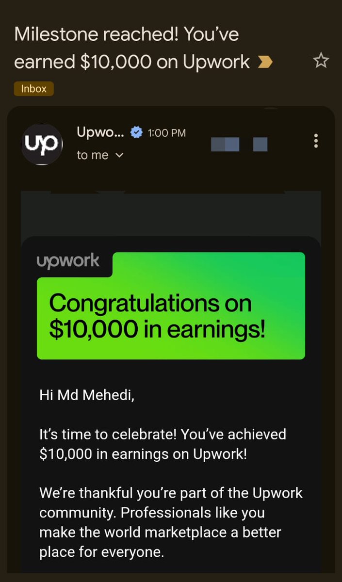 Hit the $10k milestone on Upwork today! Grateful, motivated, and ready for the next chapter. 🚀🔥

#Upwork #FreelancerLife #Milestone