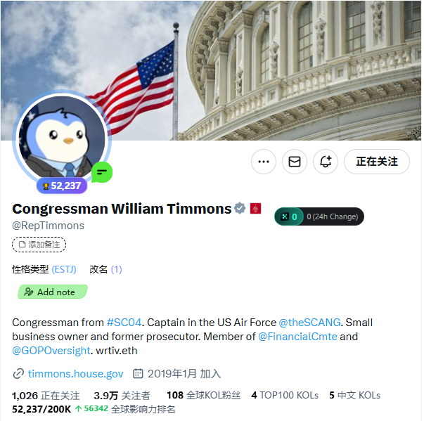 ERIC8_ETH's tweet image. This is quite interesting. Thirteen hours ago, 
Congressman @RepTimmons posted that if he got 
10,000 likes, he&apos;d change his profile picture to a penguin—and he actually kept his word.

A promise made is a promise kept 🐧