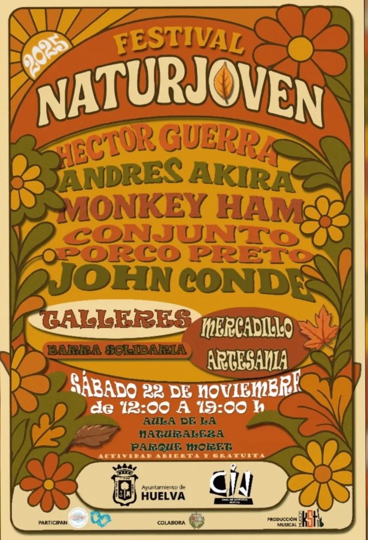 📣Este sábado tienes una cita con el festival NaturJoven 2025, una cita que une música🎶, arte🎨 y sostenibilidad🌿 en el incomparable entorno Parque Moret.

🗓️22 de noviembre
⏰De 12:00 a 19:00 horas
🎫Entrada libre y gratuita
ℹ️ <a href="/cijhuelva/">Centro de Informacion Juvenil Municipal de Huelva</a>