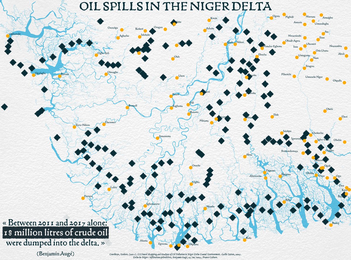 Gaelle_Sutton's tweet image. 🗺️ Day 20 of #30DayMapChallenge - Water

⬛️A map of oil spills in the Niger delta. The Niger River delta is one of the most polluted regions in the world. Oil spills from oil exploitation in the delta have been polluting the river for decades.