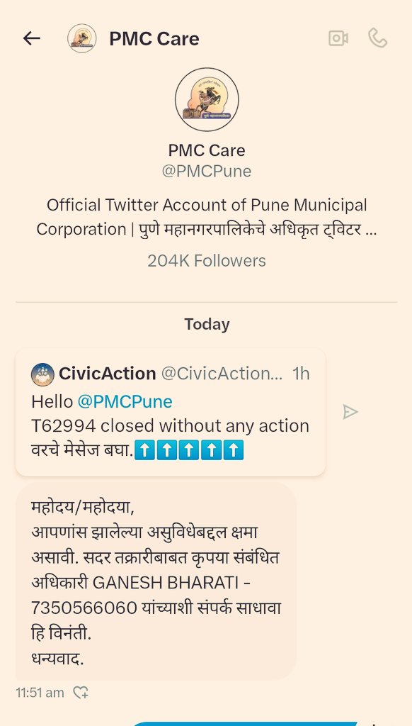 CivicActionHQ's tweet image. Hello @navalMH,
Why is @PMCPune asking citizens to call officers when a complaint is closed without action? With taxpayers funding the portal and grievance system, why should citizens chase officers instead of #PMC ensuring proper escalation and accountability? &amp;amp; Why DM?