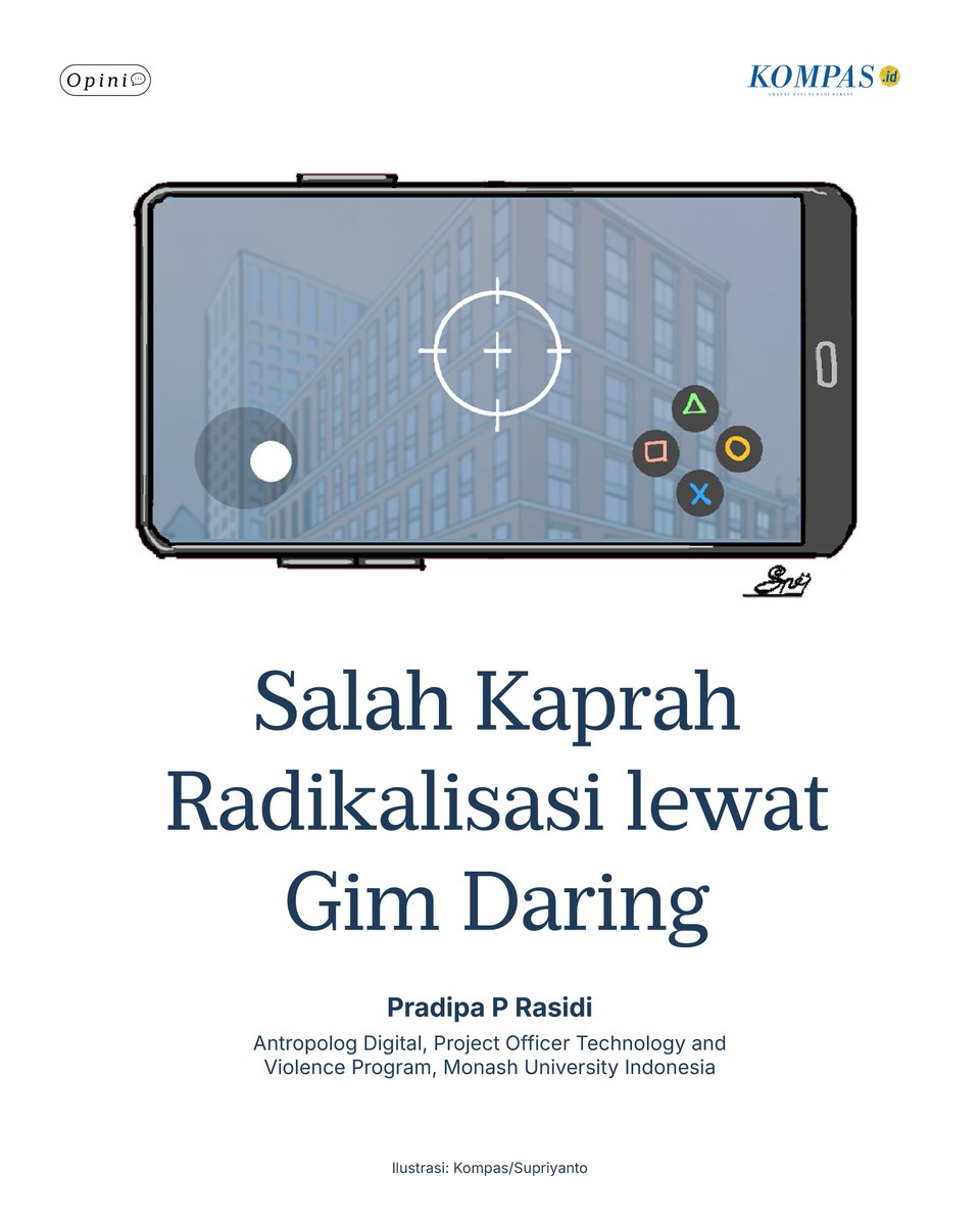 hariankompas's tweet photo. Wacana pembatasan game online atau gim daring perlu dicermati dengan hati-hati. Jika tidak, regulasi ini hanya akan dilandasi kepanikan moral dan cara pandang yang menggurui. Selama ini, percakapan publik terpaku pada aspek permukaan, yaitu apakah suatu gim mengandung kekerasan, senjata, atau darah. Padahal bermain gim daring adalah sebuah tindakan sosial. Artinya, ia dibentuk oleh praktik bermain gim dan ekosistem yang tumbuh di luar gim itu sendiri.

Penelitian ilmiah sejauh ini tidak menemukan konsensus bahwa gim memicu kekerasan. Literatur tentang kekerasan menunjukkan bahwa tindakan agresif harus dipupuk dalam rentang waktu panjang. Salah satu studi paling komprehensif dari Massey University (Drummond et al, 2020) menganalisis 28 riset longitudinal tentang dampak gim bermuatan kekerasan, seperti game action dan shooter, mencakup lebih dari 21.000 anak dan riset dari 2008 hingga 2019. Temuannya jelas, yaitu tidak ada hubungan sebab-akibat antara gim kekerasan dan peningkatan kekerasan anak.

Studi lebih baru (Lacko et al, 2024) mengonfirmasi hal yang sama. Hasil risetnya menunjukkan bahwa paparan terhadap gim bermuatan kekerasan tidak mengurangi empati maupun perilaku prososial anak.

"Salah Kaprah Radikalisasi lewat Gim Daring"
Opini 20 November 2025
Baca di sini https://t.co/TLar6s3q8M
Ditulis oleh Pradipa P Rasidi
Antropolog Digital, Project Officer Technology and Violence Program, Monash University Indonesia

#Opini #AdadiKompas