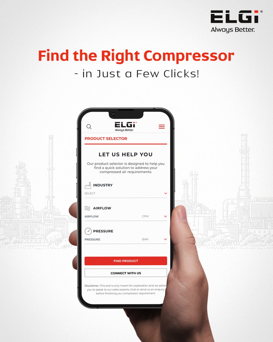 ELGiAir's tweet image. Looking for the perfect compressed air solution?

The ELGi Product Selector Tool is designed to help you find it - faster, smarter, and easier. Simply choose your industry and airflow requirements, and get instant recommendations for the compressors best suited to your needs.…