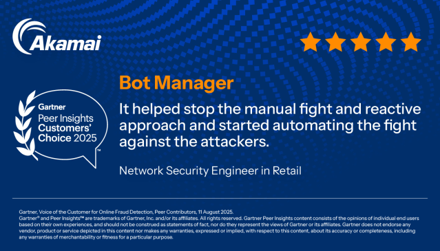 Network Security Engineer in Retail Industry gives Bot Manager 5/5 Rating in <a href="/Gartner_inc/">Gartner</a> Peer Insights™ Online Fraud Detection Market. Read the full review here: #gartnerpeerinsights <a href="/Akamai/">Akamai Technologies</a> bit.ly/4iatSqd
