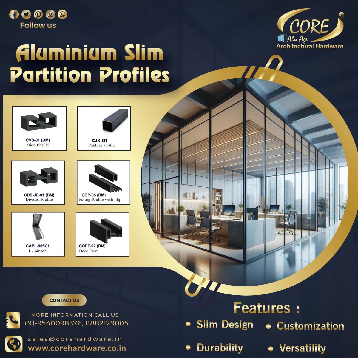 Upgrade Your Interiors with CORE Aluminum Slim Partition Profiles!
Modern, stylish, and highly durable — CORE’s premium slim profiles bring an ultra-luxury and elegant look to your offices, showrooms, and homes.

#Core #CoreAluminum #AluminumSlimProfile #SlimPartitionProfile