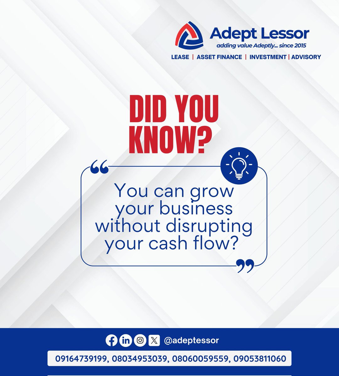 Unlock your business's full potential! Consider leasing equipment instead of buying it outright.

We offer flexible installment plans to help preserve your cash flow.

Reach out to us today - 09164739199

#adeptlessor #buynowpaysmallsmall #assetfinancing #buygadgetsoncredit