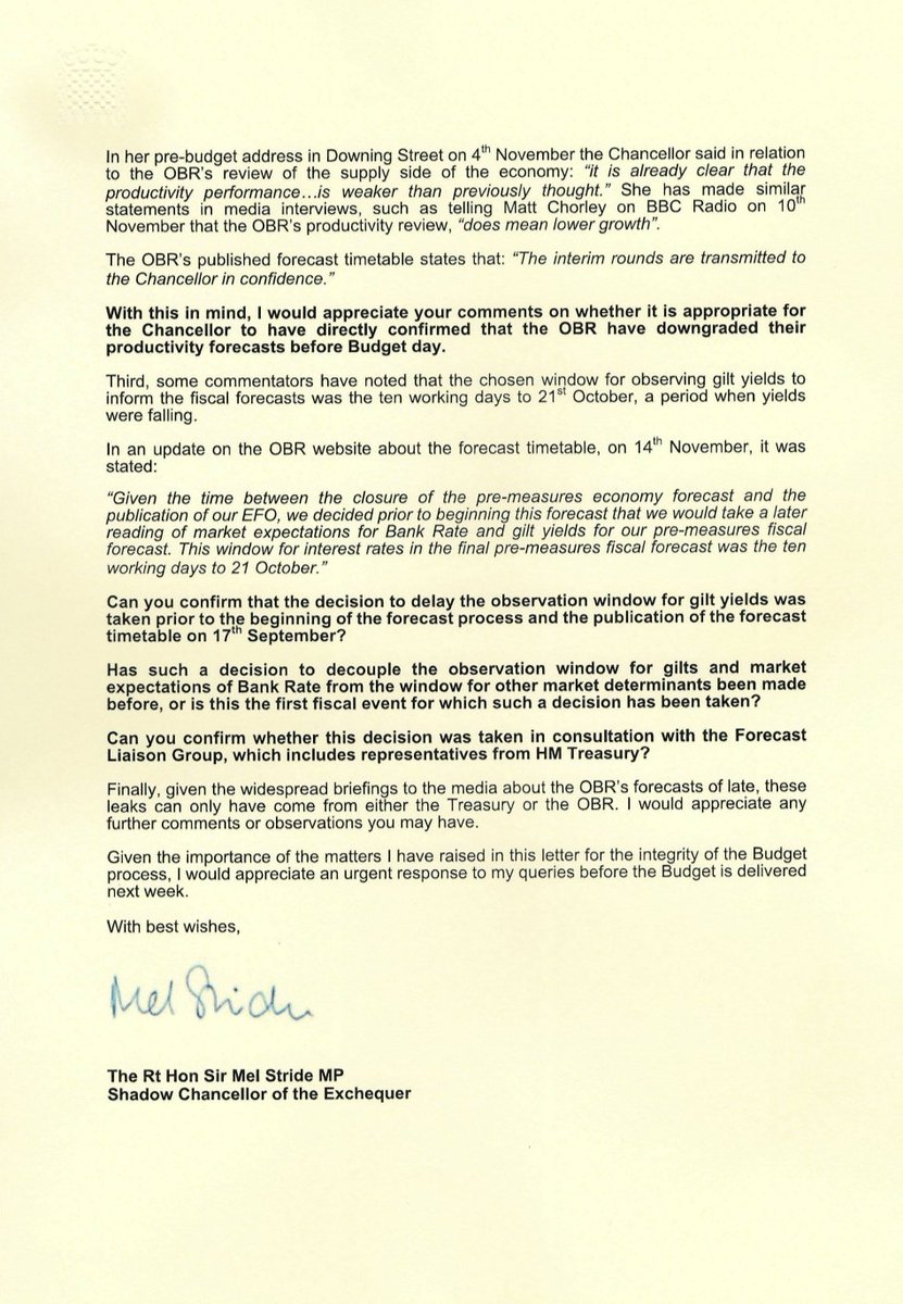 The Budget process should be about stability, confidentiality and honesty. Yet we've seen leaks, briefings and shifting stories.

The <a href="/OBR_UK/">Office for Budget Responsibility</a> must never be dragged into the political crossfire. Britain deserves a Chancellor who brings clarity, not chaos.

My letter to the OBR 👇🏻