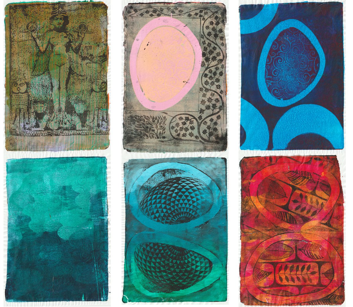 Heldinne's tweet image. de mooiste #gelliprints van eergister, met #imagetransfer en masks (en eentje die mislukt was maar toch ook heel mooi)