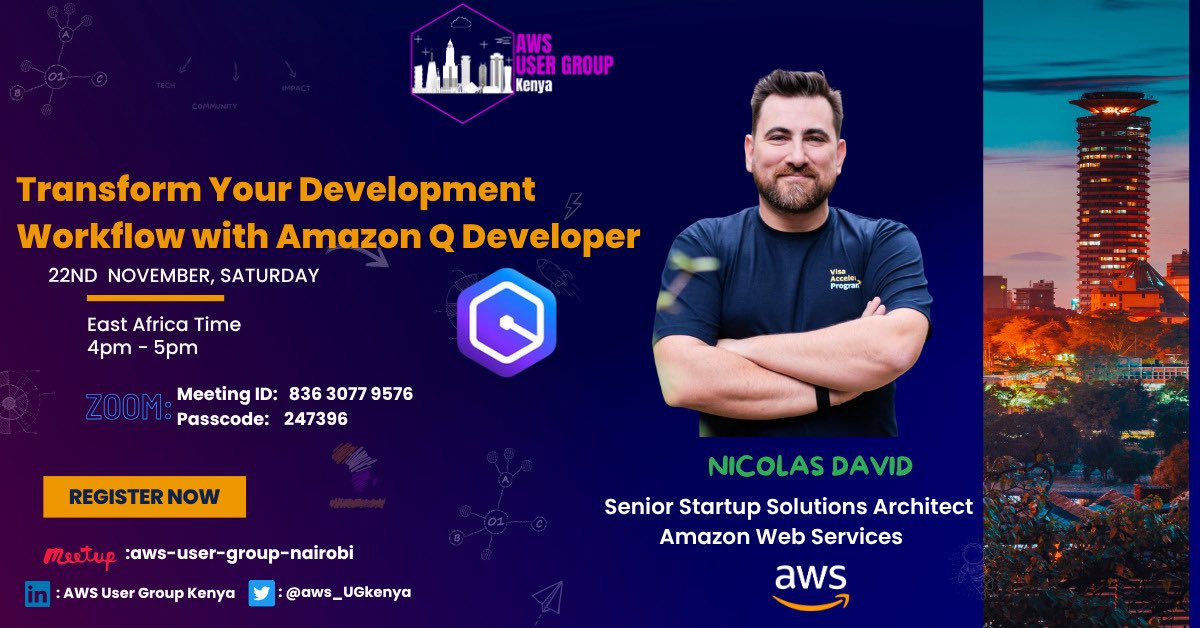 aws_UGkenya's tweet image. Amazon Q Developer, the tool helping teams build features faster, generate code from natural language prompts, and fix bugs with AI-powered precision.
We’re learning directly from Nicolas David, Senior Startup Solutions Architect Lead at AWS
🗓️ 22 Nov | 🕓 4–5 PM EAT | 📍 Zoom