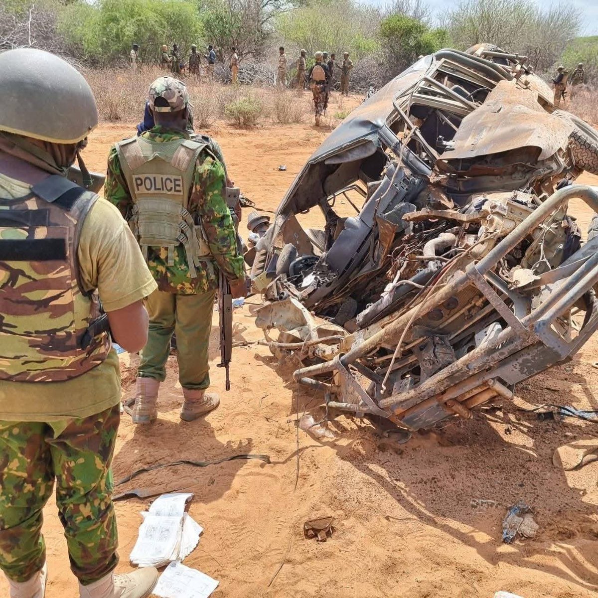 the_sambu's tweet image. This are the effects of an IED on security personnel deployed in volatile terror regions. This one in particular is an IED that happened in Garissa like 2 days ago planted by Alshabab yet someone feels the priority is to compel anti terror security units to unmask their face!