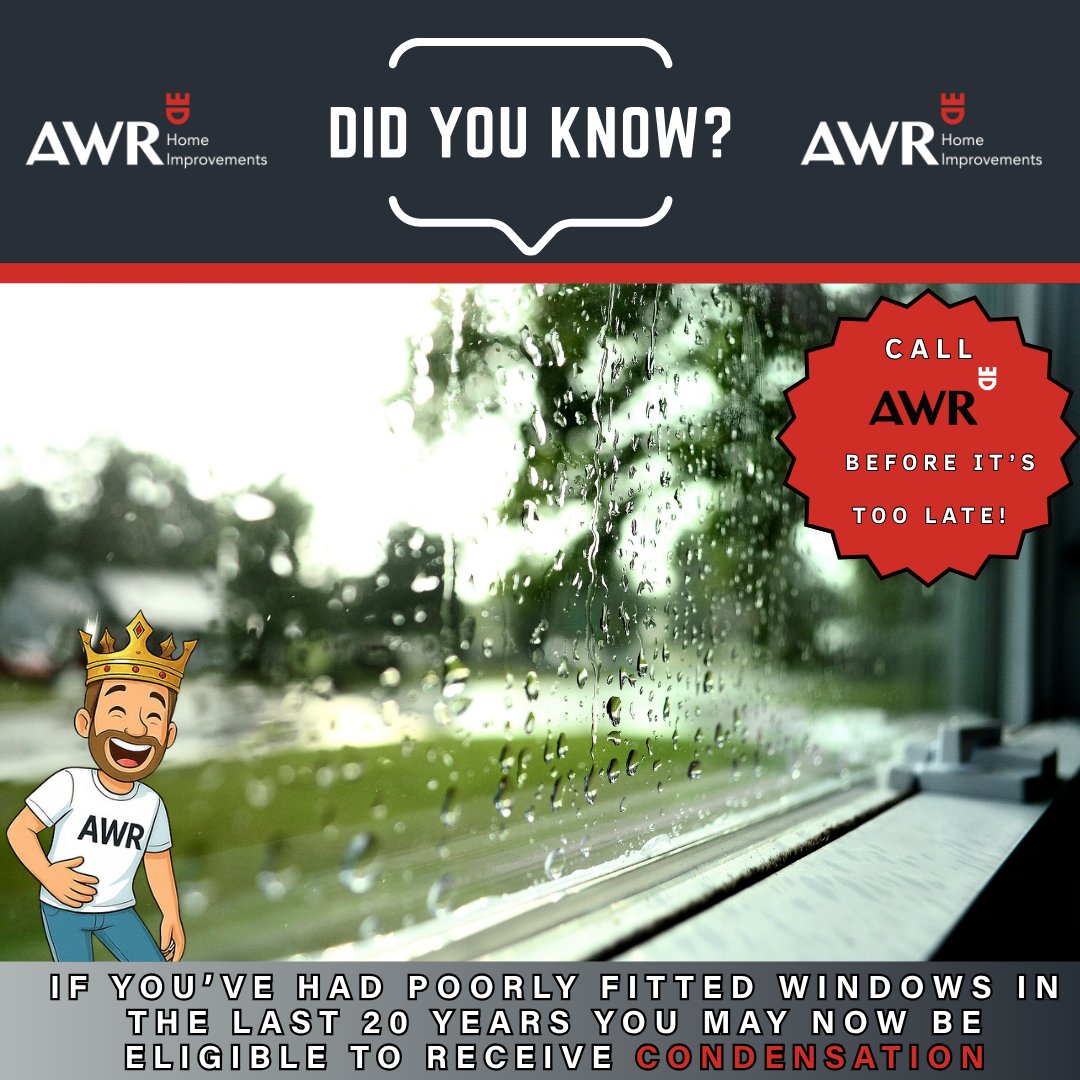 ARoofline's tweet image. If you&apos;ve had poorly fitted windows in the last 20 years, you may now be eligible to receive CONDENSATION💧. Contact us today before it&apos;s too late!  #windowreplacement #condensation #homeimprovement 🏠💧