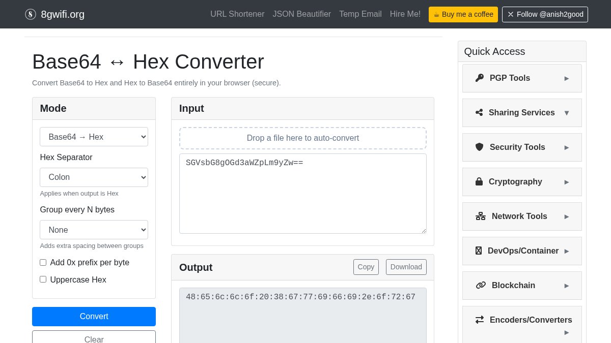 anish2good's tweet image. Easily convert Base64 to Hex and vice versa with our online tool! No uploads, just quick and secure conversions. Try it here: 8gwifi.org/base64Hex.jsp 🔄 #Encoding #Decoding