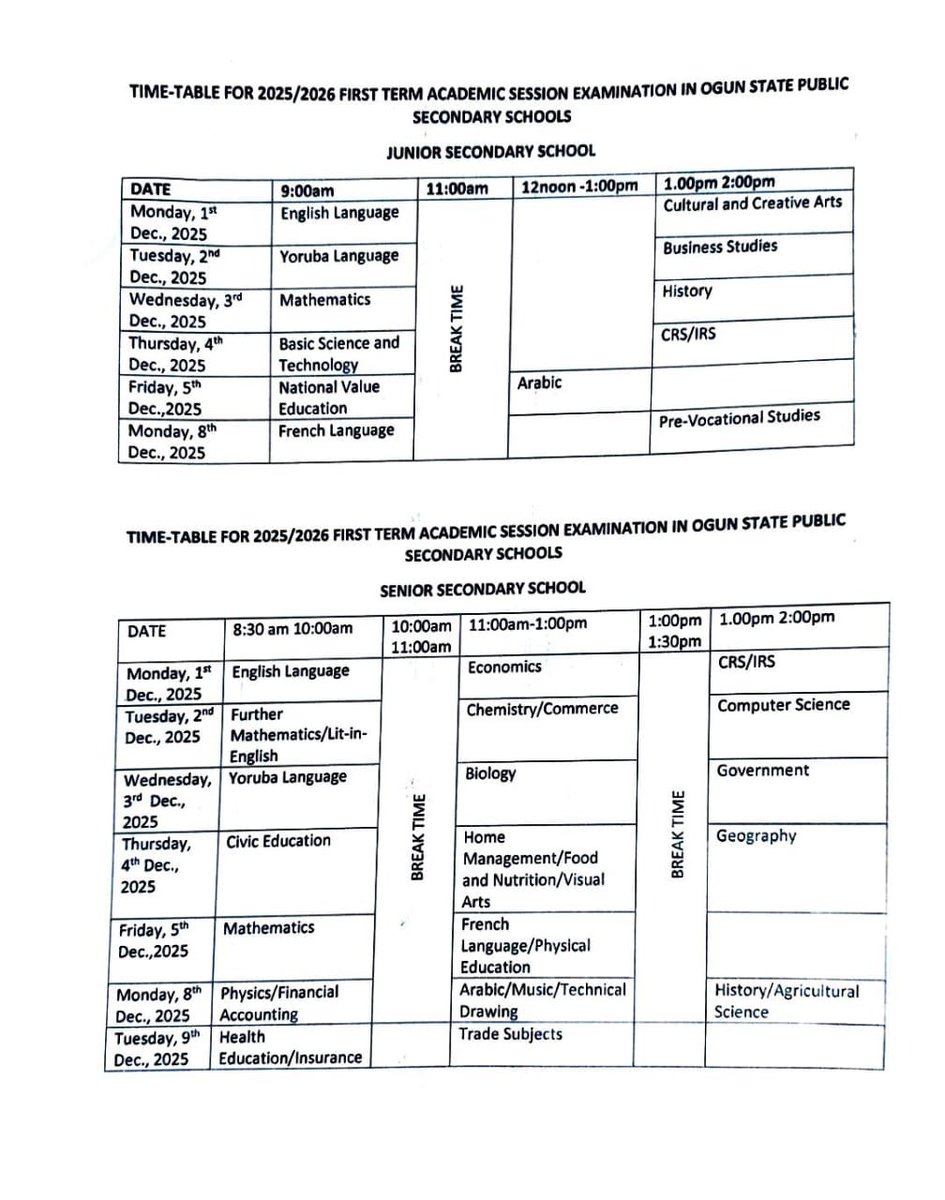 OGSERA's tweet image. OGUN STATE GOVERNMENT ANNOUNCES SCHEDULE FOR 2025/2026 FIRST TERM EXAMINATIONS

#ogsera #diper