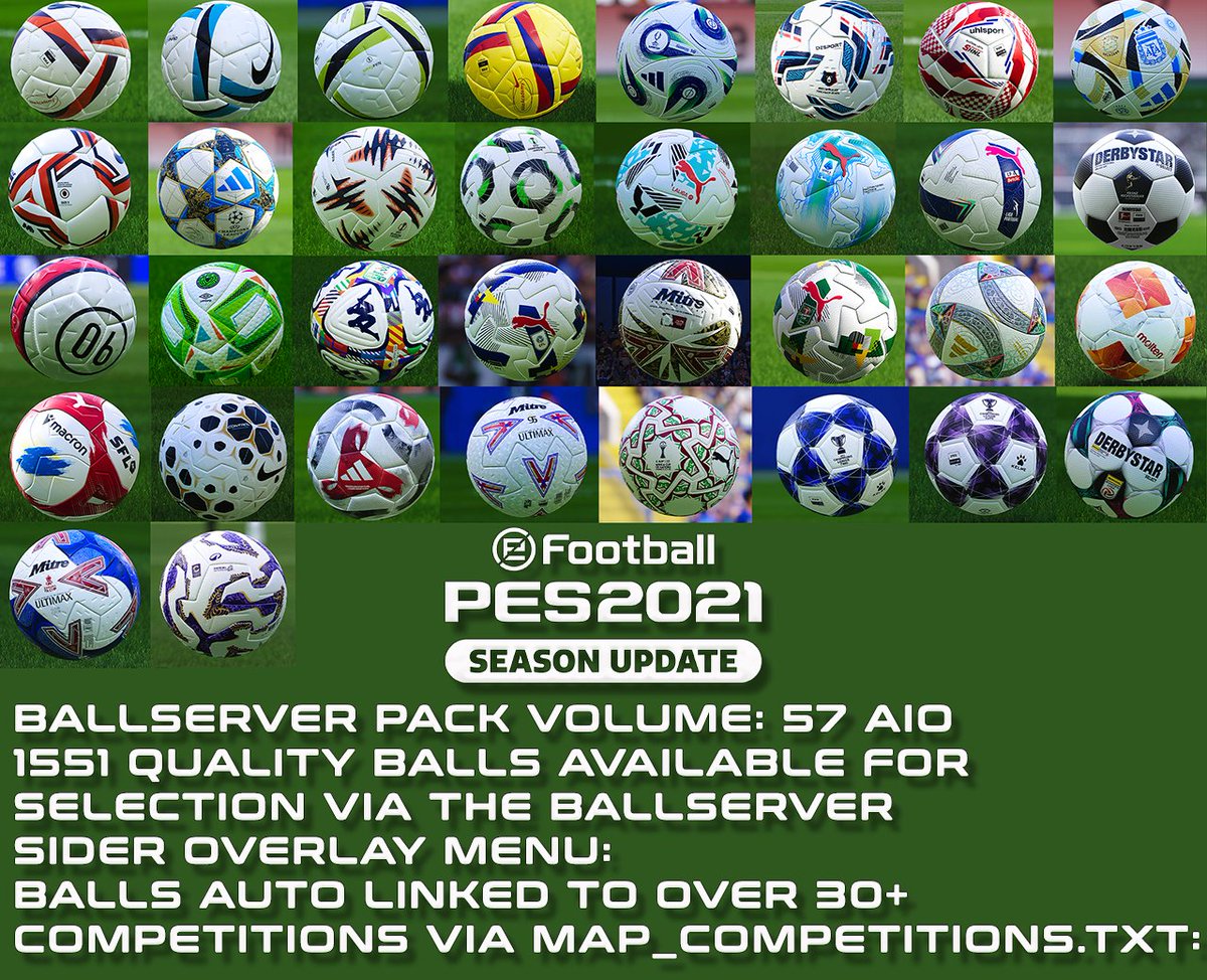 PeSoccerWorld's tweet photo. 🔥 ¡Ya está aquí el BallServer Pack Vol. 57 AIO para #PES2021!
⚽ Más de 1.500 balones HD.
🏆 Auto-asignados a +30 competiciones.
📦 Todo en un solo pack, fácil de instalar.
🔗 Descarga gratis en nuestra web, enlace en el primer comentario 👇
#eFootball #PESMods #BallServer #PES