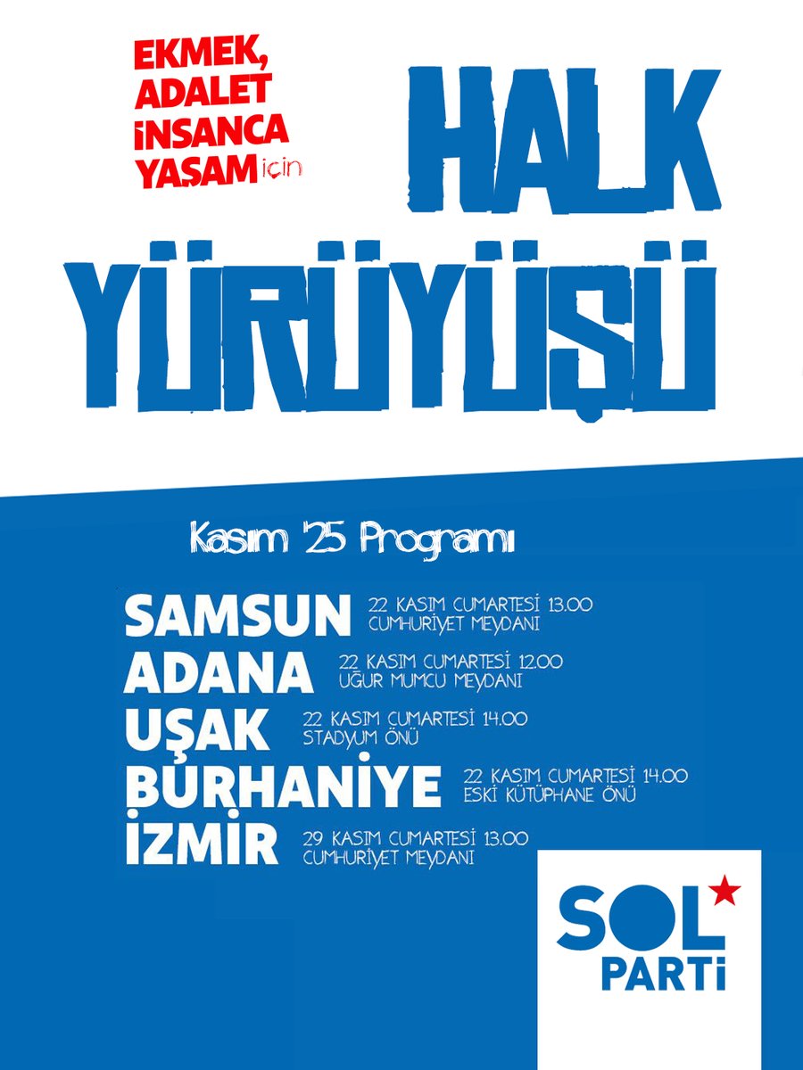 HALK YÜRÜYÜŞÜ sürüyor! 

Kasım'da Samsun, Adana, Uşak, Burhaniye ve İzmir'de ekmek, adalet ve insanca yaşam için yürüyoruz!