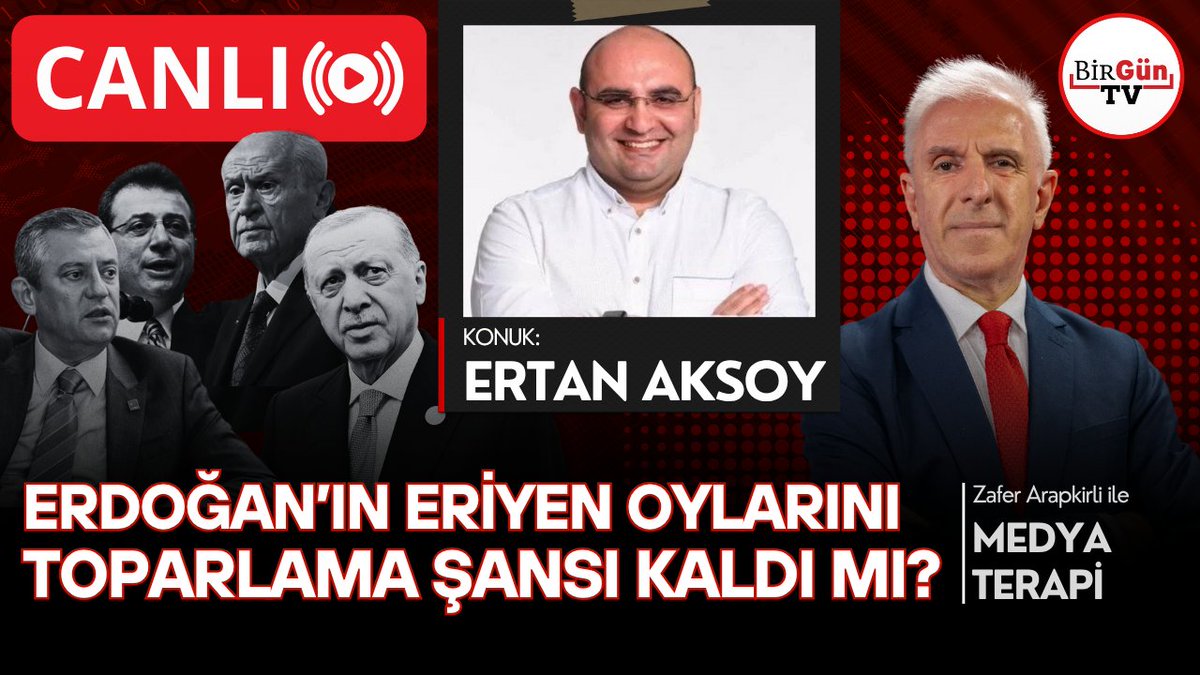 🔴 #CANLI YAYIN BAŞLADI! 

⁉️Erdoğan'ın eriyen oylarını artık toparlama şansı kaldı mı?

Konuk: Aksoy Araştırma Kurucusu <a href="/Ertan_Aksoy/">Ertan Aksoy</a>
🔗 youtube.com/live/3J9ZlTNMx…