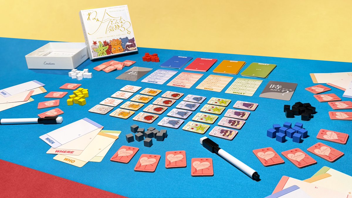 studiokakuzatou's tweet image. “ねぇ、今どんな気持ち？” 

【土_R_21ブース】

お題の「いつ」「どこ」「だれ」「なに」を改変して手札の感情を同時に満たすシチュエーションを作るパーティーゲームです。あと若干数で予約が満枠です。

ルール→x.gd/nO2eL
予約→x.gd/pxiEQ

#ゲームマーケット2025秋