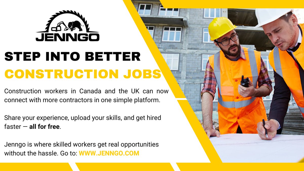 JenngoCanada's tweet photo. If you’re a skilled construction worker in Canada or the UK, Jenngo makes it easy to let employers find you. Go to https://t.co/jBesrVXLtT

#construction #jobs #jenngo #canada #uk https://t.co/mufuo7Q7Yc
