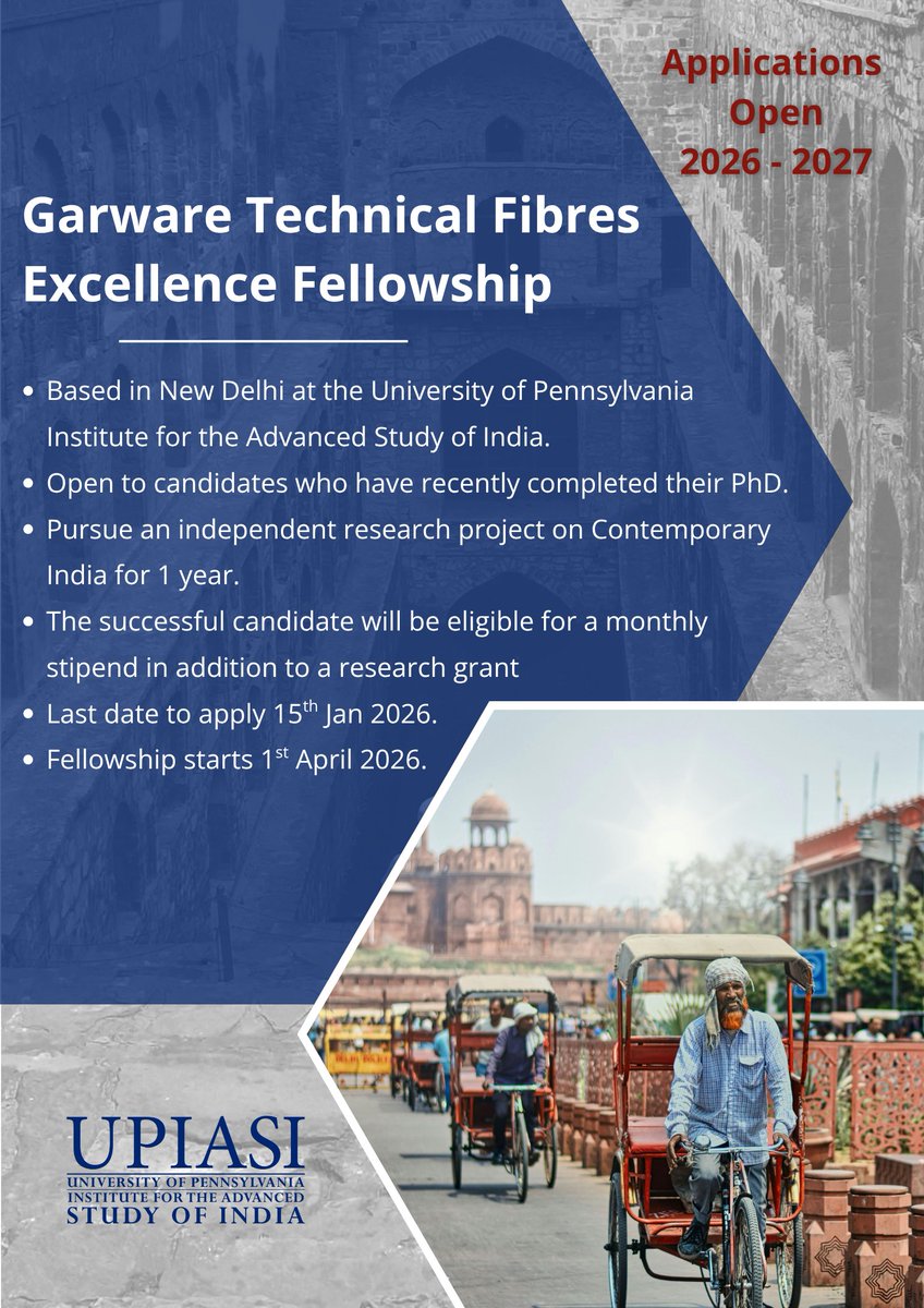 upiasi's tweet image. *CALL FOR APPLICATIONS: Garware Postdoctoral Fellowship at UPIASI, New Delhi*

A great opportunity for recently completed PhDs to pursue independent research on themes related to contemporary India. Learn more here: linkedin.com/jobs/view/4322…

#Fellowship #Research #Postdoc #India