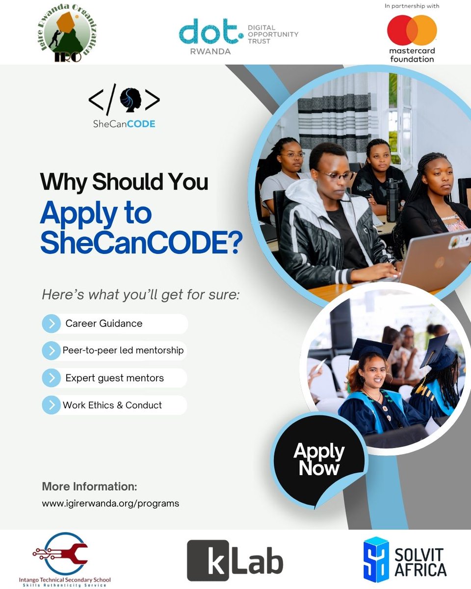 igirerwanda's tweet image. Build skills. Get mentored. Launch a career. Apply to SheCanCODE today.
Part of the DSE programme, which aims to equip over 10,000 young Rwandans with targeted pathways for beginner business skills and intermediate to advanced tech roles.
#DSEProgram #SheCanCODE #WomenInTech