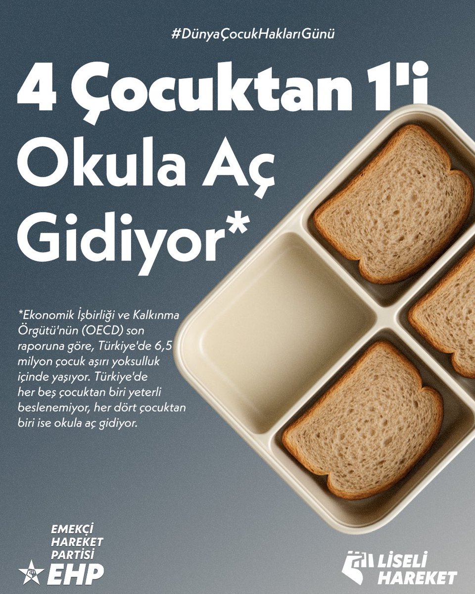 <a href="/LiseliHareket/">EHP Liseli Hareket</a> 🔴 Çocukların en temel hakkı olan eğitim, açlık duvarına tosluyor.  4 çocuktan 1’i okula aç gidiyor.

Çocuklarımız, yeterli beslenme imkanına sahip olamadığı için öğrenme güçlüğü ve yetersiz gelişimle de mücadele etmek zorunda bırakılıyor. #DünyaÇocukHaklarıGünü