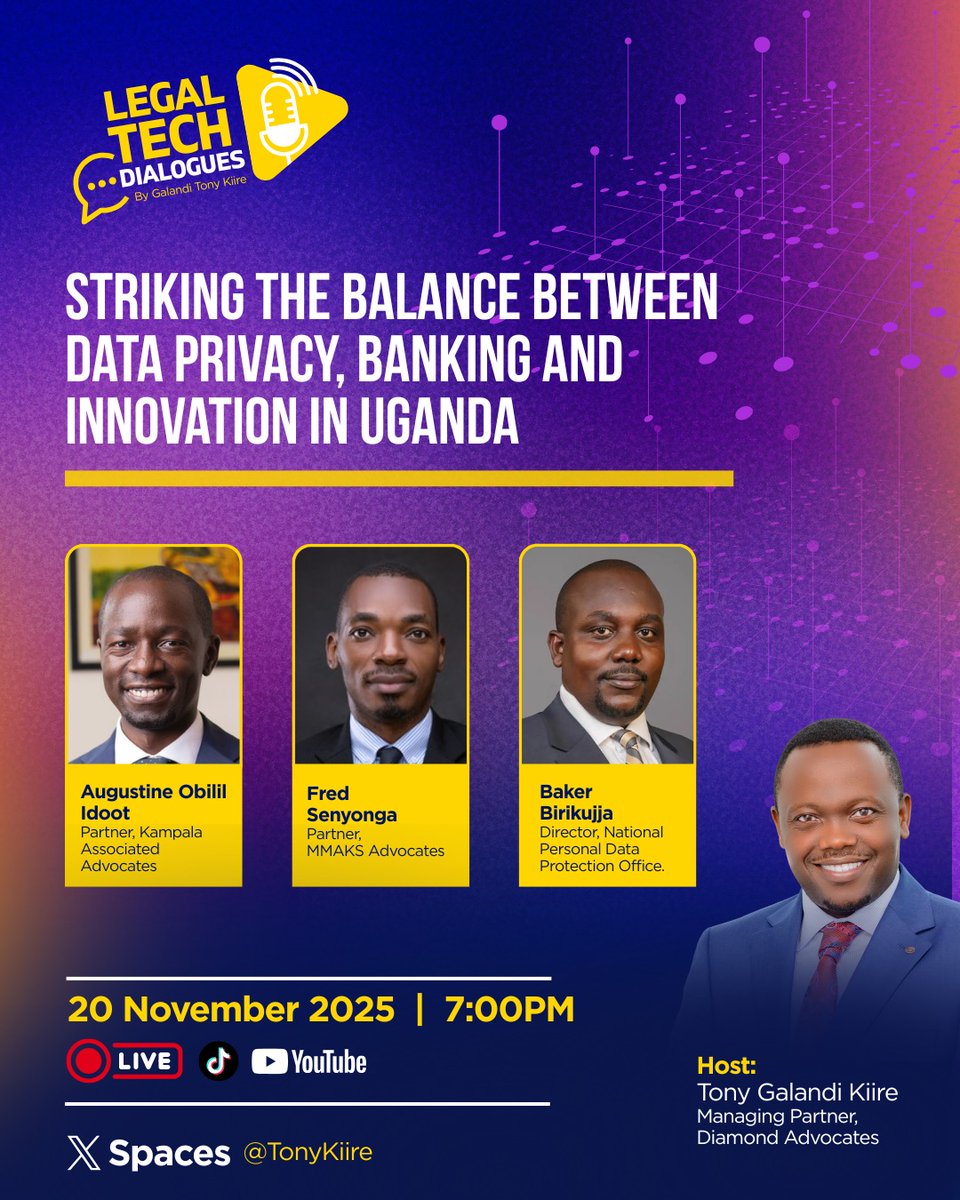 LTechDialogues's tweet image. 🚀 It’s happening TONIGHT!
We’re diving deep into how Uganda can strike the balance between data privacy, banking, and innovation.
Don’t miss this crucial Legal Tech Dialogue!
🕖 7:00PM | Live on X Spaces, YouTube &amp;amp; TikTok
▶️ Tag: @NITAUganda @BOU_Official @UCC_Official