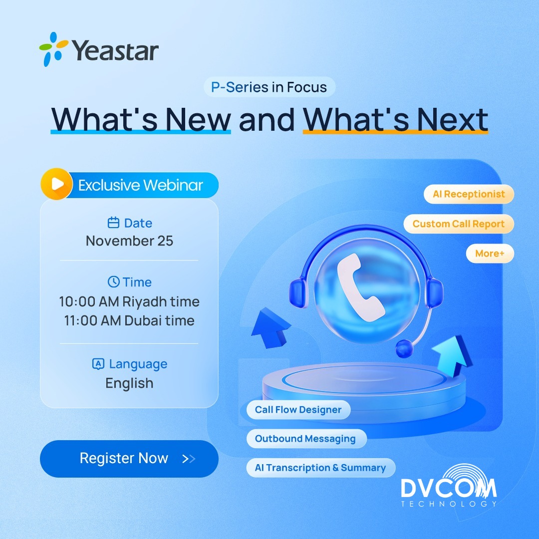 DvcomTechnology's tweet image. DVCOM’s exclusive Yeastar webinar drops Nov 25. Big updates and what’s next in UC &amp;amp; Cloud PBX

🕒 11 AM UAE | 10 AM KSA
📞 +971 4887 3370 | dvcom.ae

us06web.zoom.us/webinar/regist…

#Yeastar #DVCOMTechnology #Webinar #CloudPBX #UC