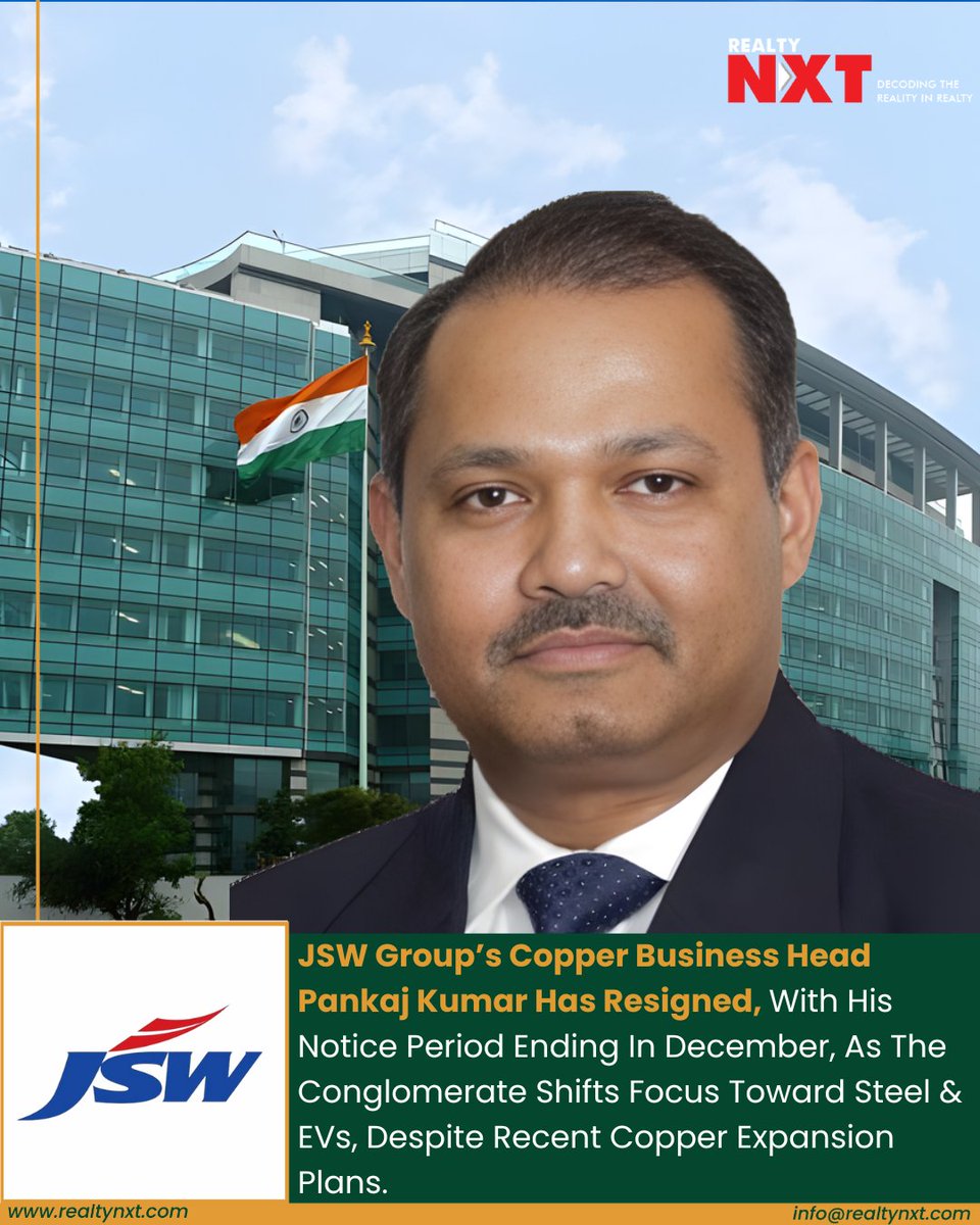 RealtyNXT's tweet photo. #News | Pankaj Kumar, CEO of JSW Group’s copper division, has resigned as the conglomerate shifts its focus toward steel and electric vehicles. He will serve his notice period until December
#RealtyNXT #JSW #LeadershipChange #CopperIndustry #EVShift #MiningInvestments https://t.co/aSdOmN0C2b