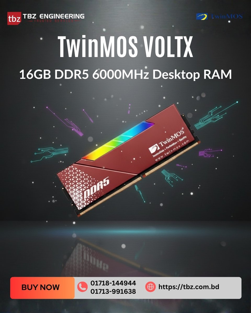 TBZEngineering's tweet image. TwinMOS VOLTX RGB 16GB DDR5 6000MHz brings a sharp boost of speed and style to your desktop. It delivers a fast 6000MHz frequency, CL36 low latency, and stable performance for gaming, editing, and multitasking. 
🔥 Available now at TBZ Engineering

#TwinMOS #TwinMOSVOLTX