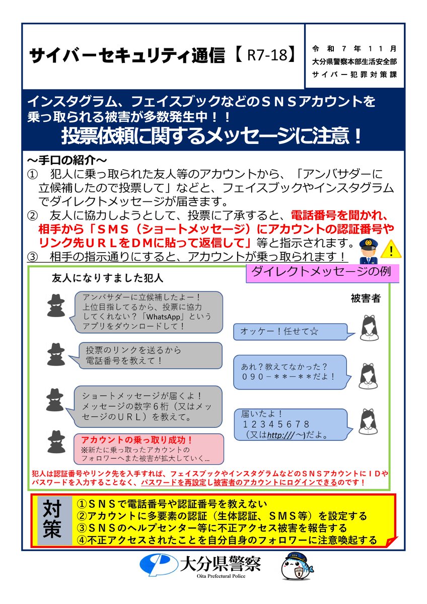 投票依頼に関するメッセージに注意！！ 友人から「アンバサダーに投票して欲しい」などとメッセージは届いていませんか？  あなたの大切なアカウントが乗っ取られます！ #大分県警察 #不正アクセス #サイバーセキュリティ #投票依頼 #ワッツアップ #フェイスブック  #のっとり