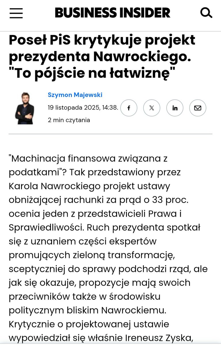 Panie Pośle <a href="/Ireneusz_Zyska/">Ireneusz Zyska</a> polityka to sztuka stawiania trafnych diagnoz — a Pan myli się niezmiennie.
Mylił się Pan, gdy wychwalał Zielony Ład. Myli się Pan teraz, krytykując prezydencki projekt „Tani Prąd –33%”.

W Pana przypadku to sytuacja beznadziejna, jest Pan wyznawcą