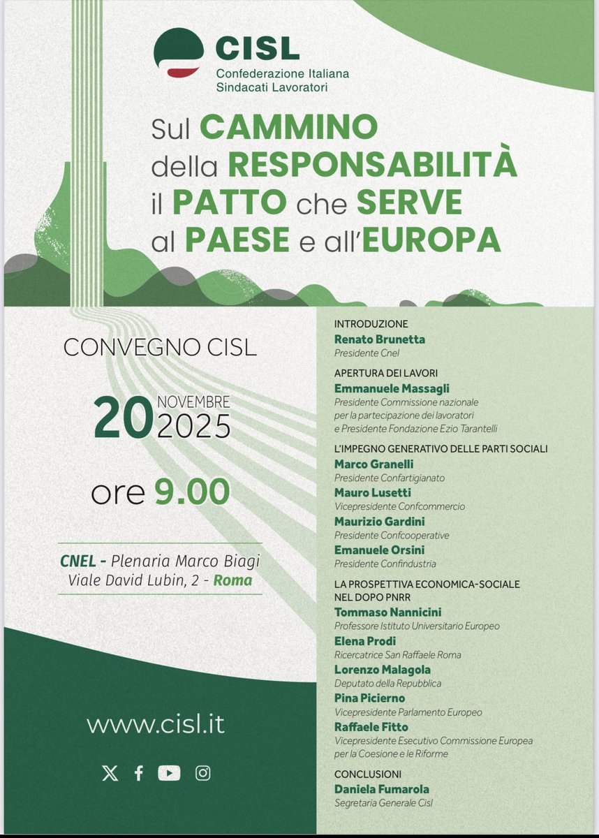 PaoloAcciai's tweet image. #Sul CAMMINO della RESPONSABILITÀ
il PATTO che SERVE al PAESE e all&apos;EUROPA. L’iniziativa della @CislNazionale oggi al @cnel_it