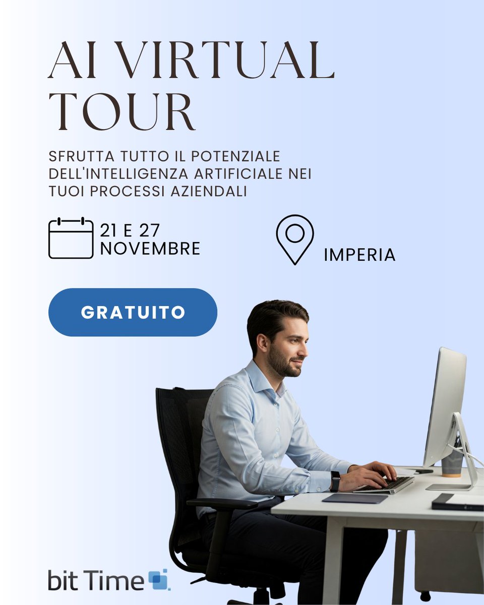 Questo mese il nostro "AI Virtual Tour" di bit Time sbarca a Imperia!
Un ringraziamento speciale a Computer Service (Diano Marina) per il supporto nell'edizione di Novembre 2025.

Contattaci a professionals@bittime.it e organizza un Virtual Tour personalizzato.