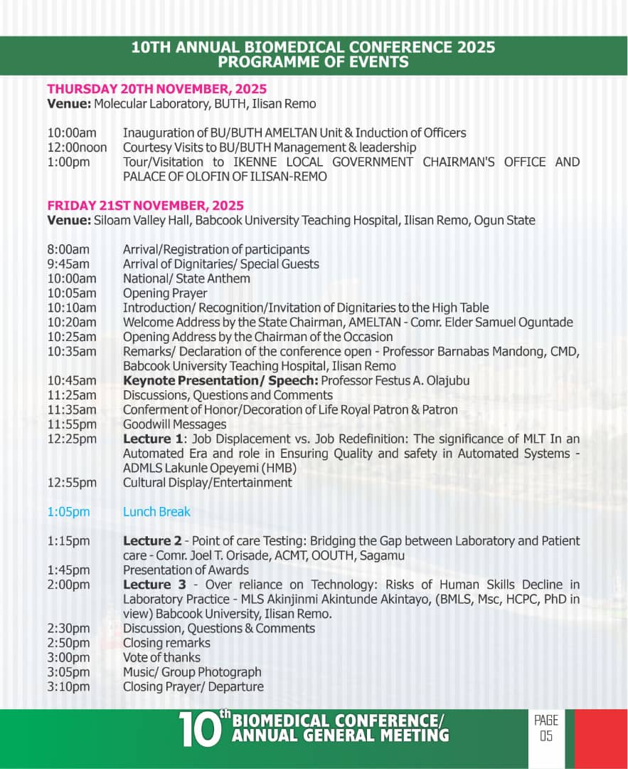 MedHealthAffair's tweet photo. And the 10th Biomedical Conference of Ogun AMELTAN commences today with OFFICIAL INAUGURATION OF BU/BUTH UNIT AND COURTESY VISITS TO LEADERSHIP OF BU/BUTH, PALACE OF OLOFISAN OF ILISAN AND THE OFFICE OF THE CHAIRMAN, IKENNE LOCAL GOVERNMENT.

1/2 https://t.co/ED7fvvDZVQ
