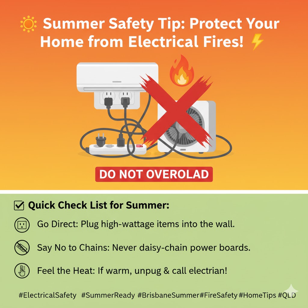 ☀️ Summer Safety Tip: Protect Your Home from Electrical Fires! ⚡️
The Brisbane heat means ACs, fans, and pool pumps are working overtime, which puts major strain on your electrical outlets!
#ElectricalSafety #SummerReady #BrisbaneSummer #FireSafety #HomeTips #QLD