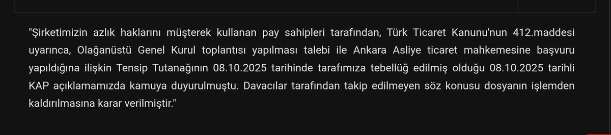 #isbir akla 2 soru gelir (olayları bilmedğmz için)
a) n karşılığı davadan v olağanüstü GK'dan vazgectiniz❓
b) sizi kim ikna etti❓
SONUC: sirket tarihinde ilk kez pddd 0,5 v dolasim 43% v yatrmcilarin kaçışı sürüyo