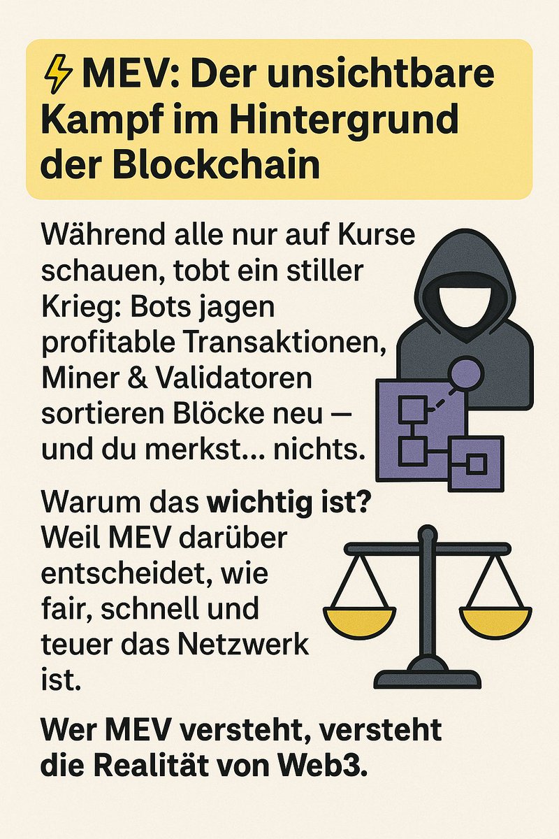 tranquilionaire's tweet image. #Pulse ⚡ MEV: Der unsichtbare Kampf im Hintergrund der Blockchain
Während alle nur auf Kurse schauen, tobt ein stiller Krieg: Bots jagen profitable Transaktionen, Miner &amp;amp; Validatoren sortieren Blöcke neu – und du merkst… nichts.
Warum das wichtig ist?
pulse.social/pulse/invite-f…