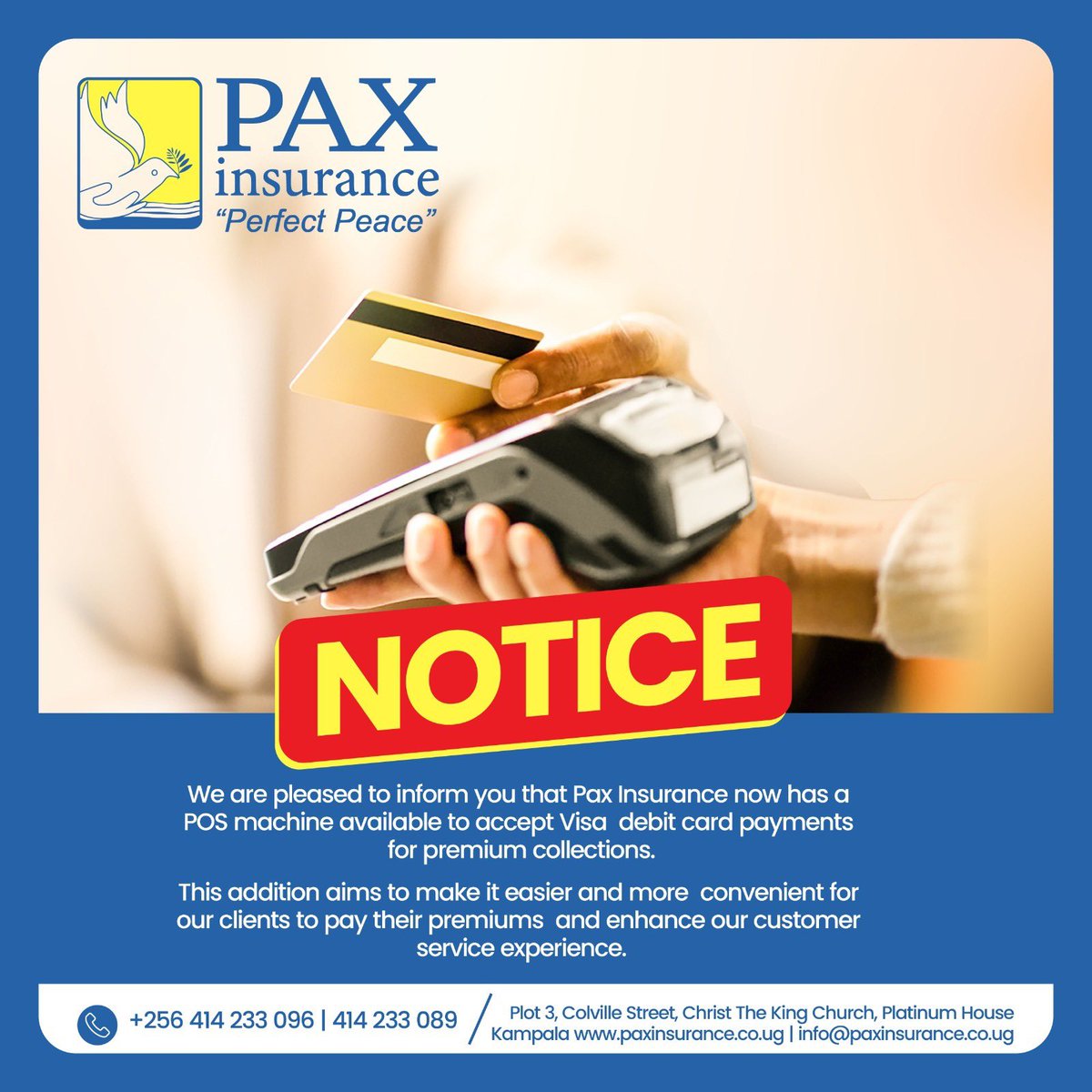 InsurancePax's tweet image. We are pleased to announce that Pax Insurance now accepts Visa debit card payments via POS machines for premium collections.
This upgrade is designed to make your payment process faster, easier, and more convenient. 💳🤝

Choose Pax. Choose convenience.

#PaxInsurance