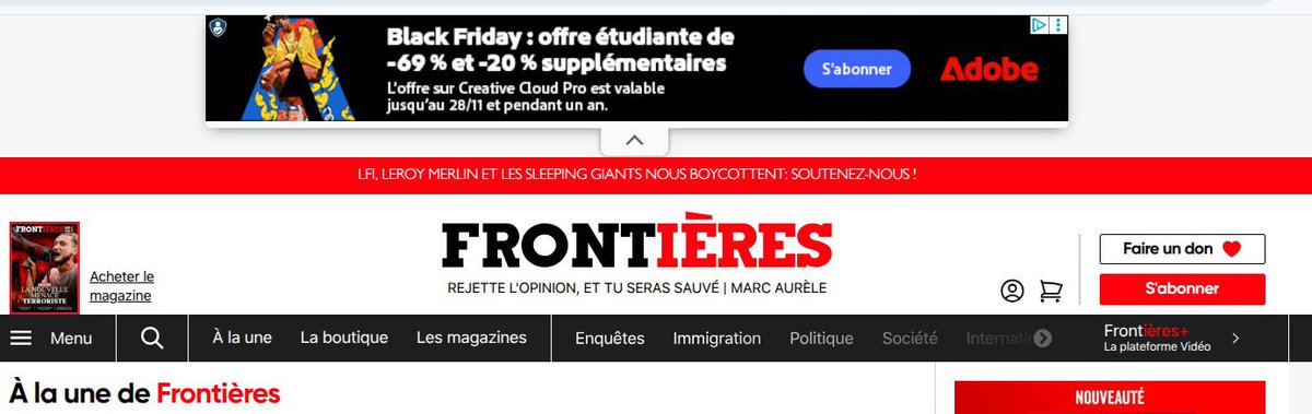 Portes_Thomas's tweet image. Et sinon @AdobeFrance et @Spartoo ça vous dérange pas trop que vos publicités se retrouvent sur le site d’extrême droite islamophobe et raciste de Frontières ?

Vous assumez de financer l’extrême droite ?