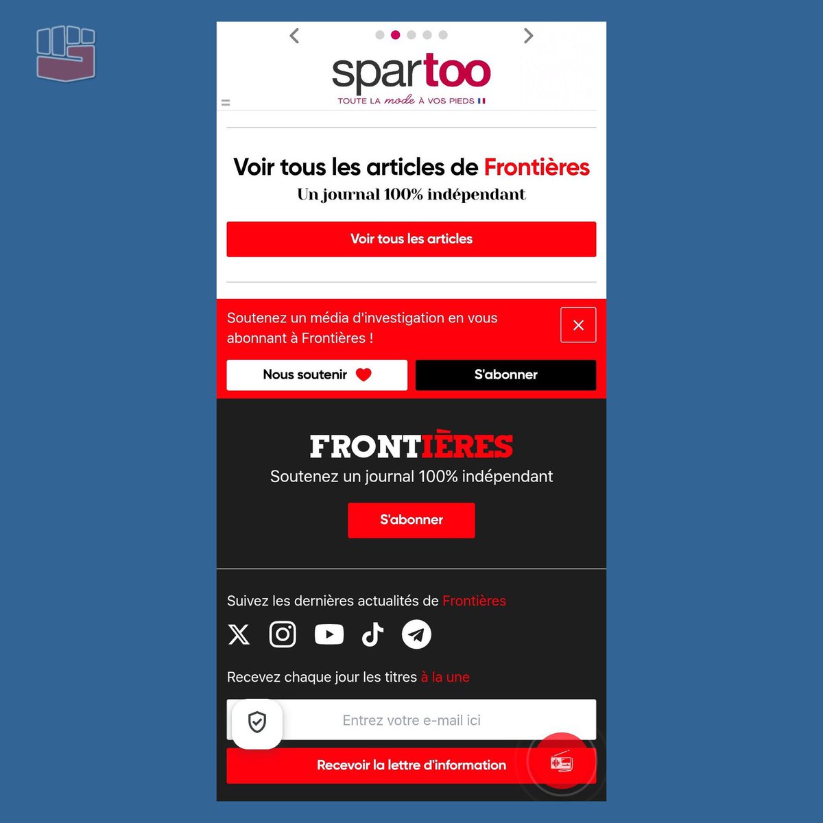 Portes_Thomas's tweet image. Et sinon @AdobeFrance et @Spartoo ça vous dérange pas trop que vos publicités se retrouvent sur le site d’extrême droite islamophobe et raciste de Frontières ?

Vous assumez de financer l’extrême droite ?