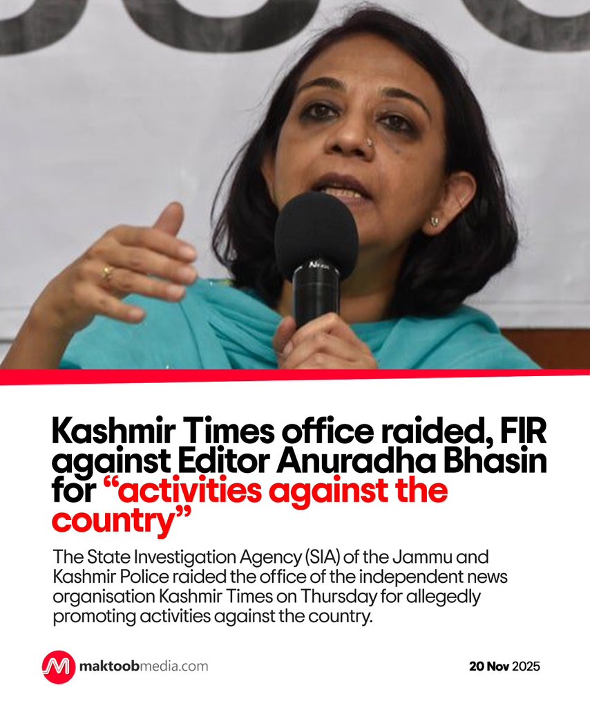 The State Investigation Agency (SIA) of the Jammu and Kashmir Police raided the office of the independent news organisation Kashmir Times on Thursday for allegedly promoting activities against the country.

maktoobmedia.com/india/kashmir-…