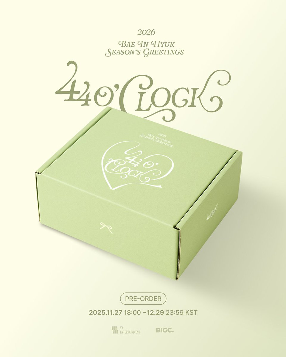 2026 BAE IN HYUK SEASON’S GREETINGS 
🌿44 O'CLOCK🌿

PRE-ORDER
📅2025.11.27 18:00 ~ 2025.12.29 23:59 (KST)

#배인혁 #BAEINHYUK
#44OCLOCK
#YYentertainment