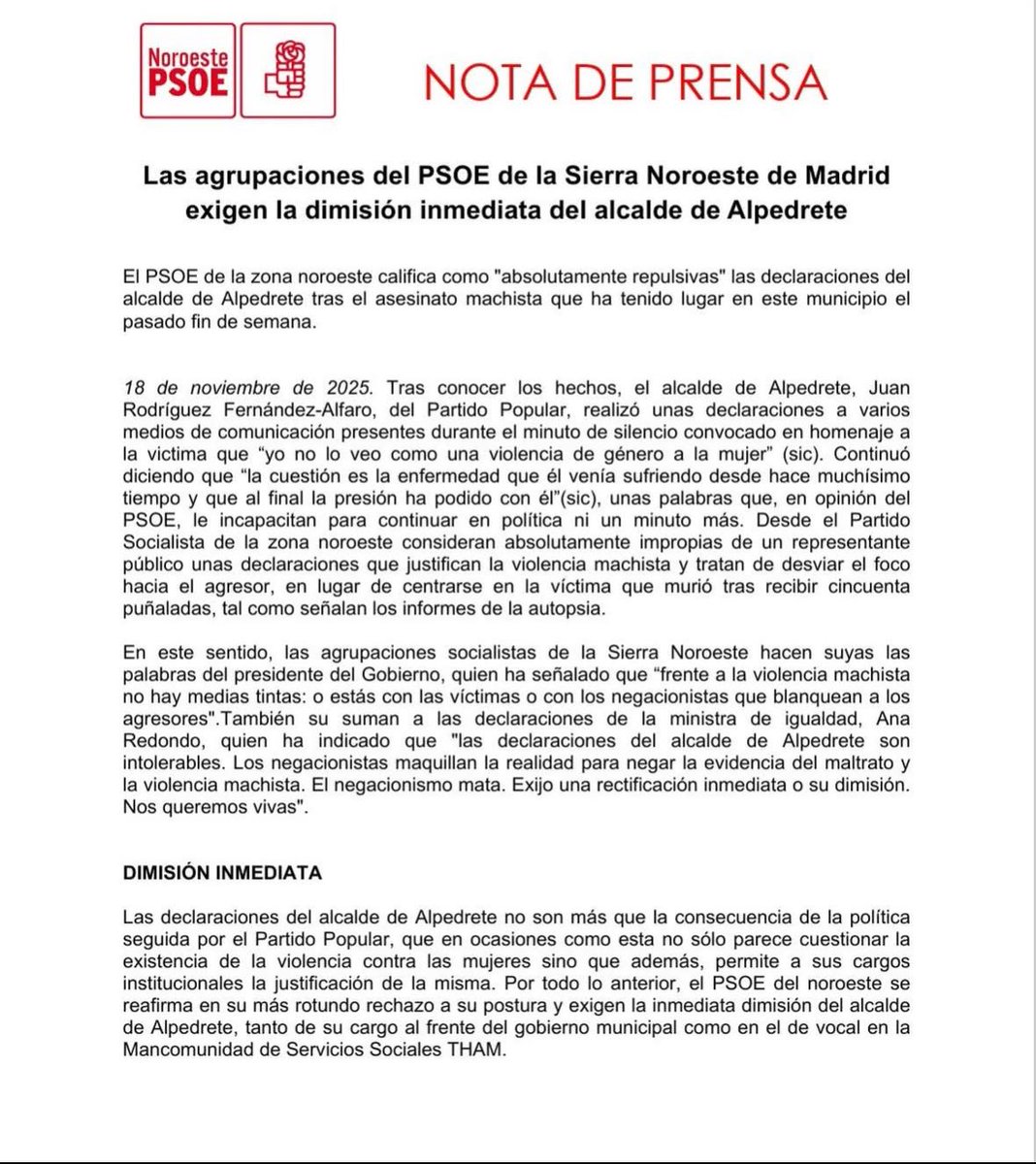 Por decencia democrática el alcalde de Alpedrete debería dimitir. Es inadmisible la deriva a la que nos llevan con el negacionismo de la violencia machista.