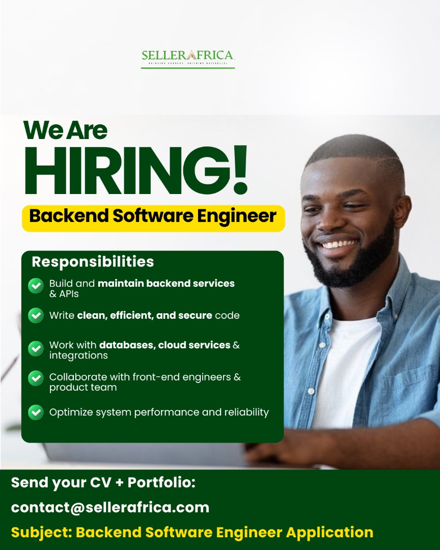 sellerafrica's tweet image. We’re hiring a Backend Software Engineer who writes clean, scalable code. Think you’re a fit? Apply now: contactsellerafrica@gmail.com 

#SellerAfrica #Hiring #BackendEngineer #SoftwareEngineer #TechJobs #Developers