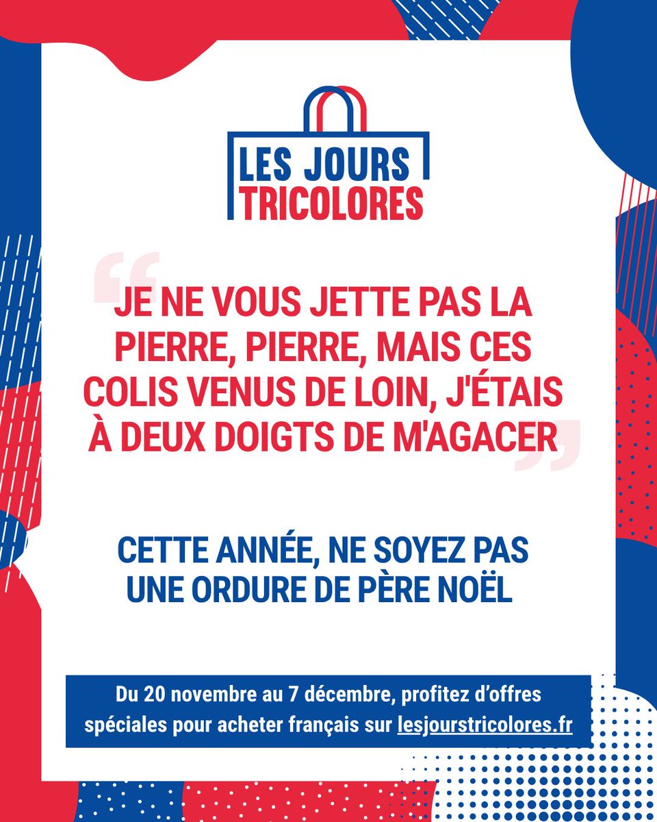 #LesJoursTricolores 🇫🇷 2025 c'est parti!

Du 20 novembre au 7 décembre consommez #madeinfrance à prix réduit !🛒🇫🇷
 
C'est soutenir nos emplois, nos ateliers et usines, nos territoires avec sa carte bleue 🏭💪🏻

Rendez vous sur le site lesjourstricolores.fr pour en savoir plus
