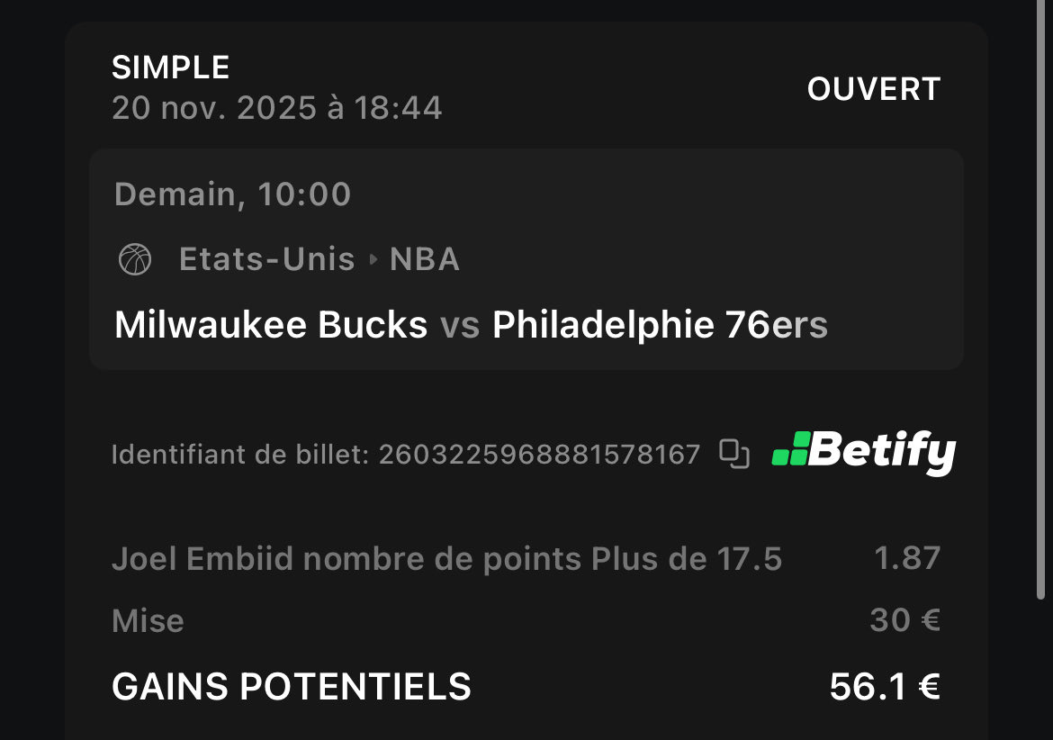 FastBreakTips's tweet image. #NBA 

🗓️ 20-11 

🎯 pick n*1 : 

Embiid over 17,5 points 
@ 1,87 💰 1.5% 

On repart à la guerre avec Embiid et cette ligne plutôt basse, 
il passe l’over 6/7 matchs. Pour moi il a environ 70% de chance de passer cette over même en 20-26mn.

🎯 pick n*2 : 

Bogdanovic over 13,5…