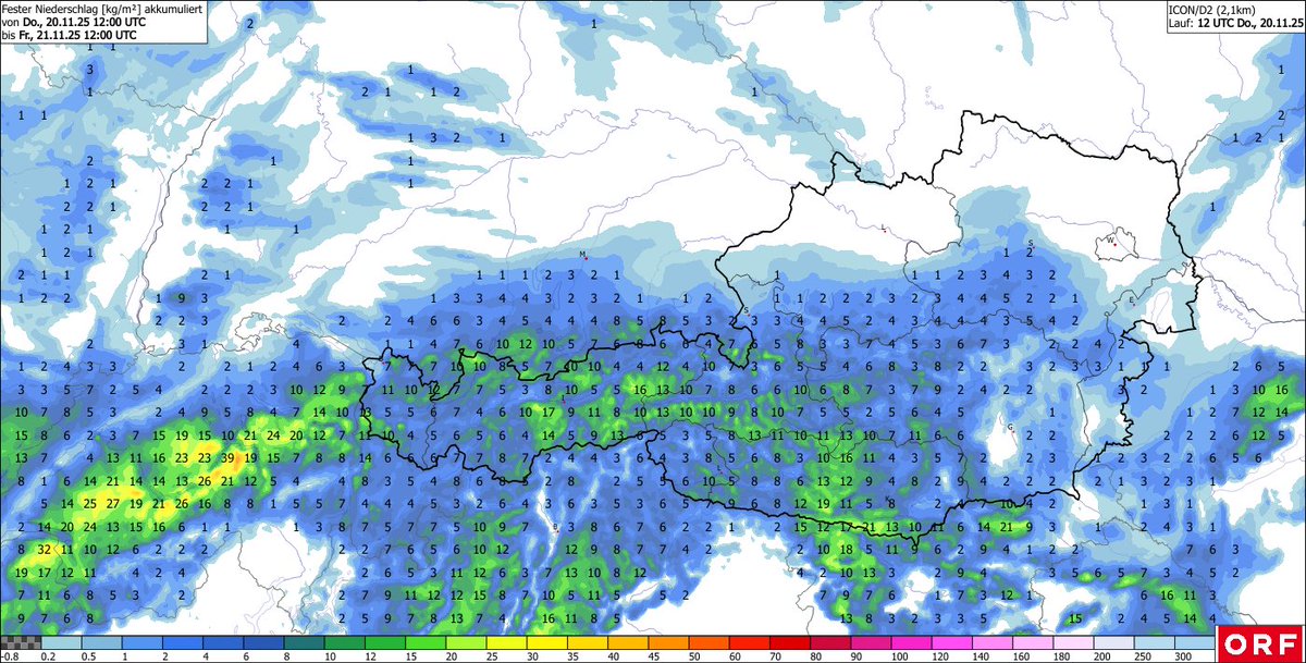 Schnee-Update für die kommenden 24 Stunden:
Besonders im Bergland schneit es bis morgen Mittag immer wieder. Bregenz, Salzburg, Klagenfurt und Graz liegen nur am Rand, Innsbruck dürfte hingegen weiß werden. In höheren Lagen kommen noch einmal 10 bis 20cm Fluffschnee dazu.